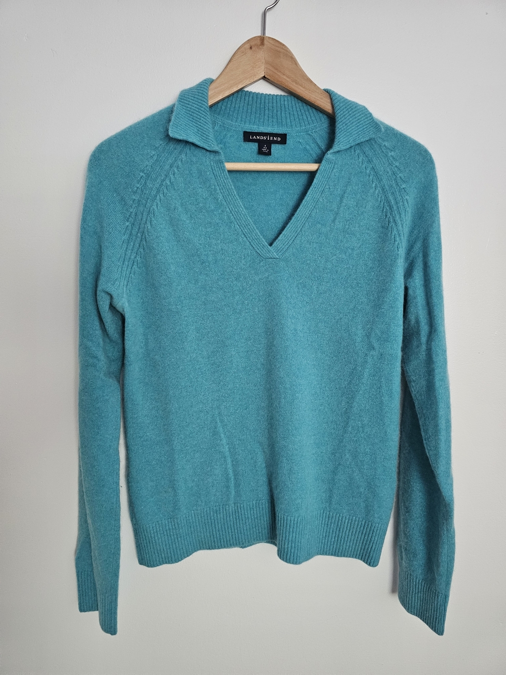 Land's End 100% Cashmere Teal V-Neck Collared Polo Sweater Size S